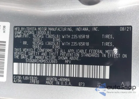 2021 Toyota Highlander Hybrid Xle from USA, damaged, VIN 5TDGBRCH6MS533665